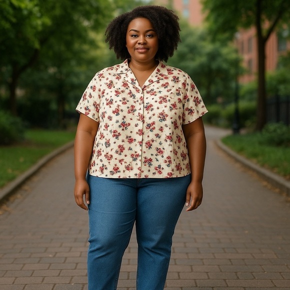 CHEROKEE Women’s Plus Size 24W Multi Color Floral Print Button Down SS Blouse - Picture 1 of 5